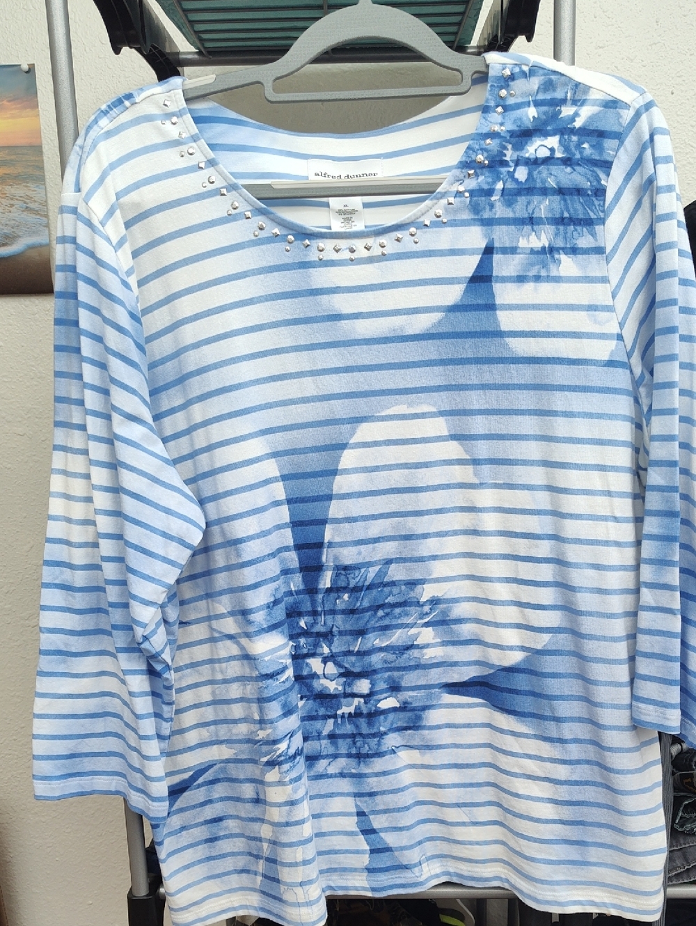 Alfred Dunner Light Blue & White Striped Floral Long Sleeve Top